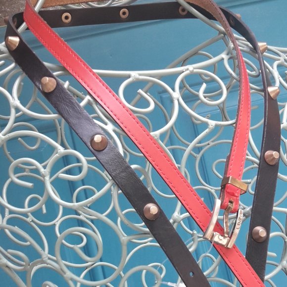 2 Belts Genuine Leather Thin Studded with Spikes Metal Studs Grommets Rivet BOGO - Picture 7 of 16